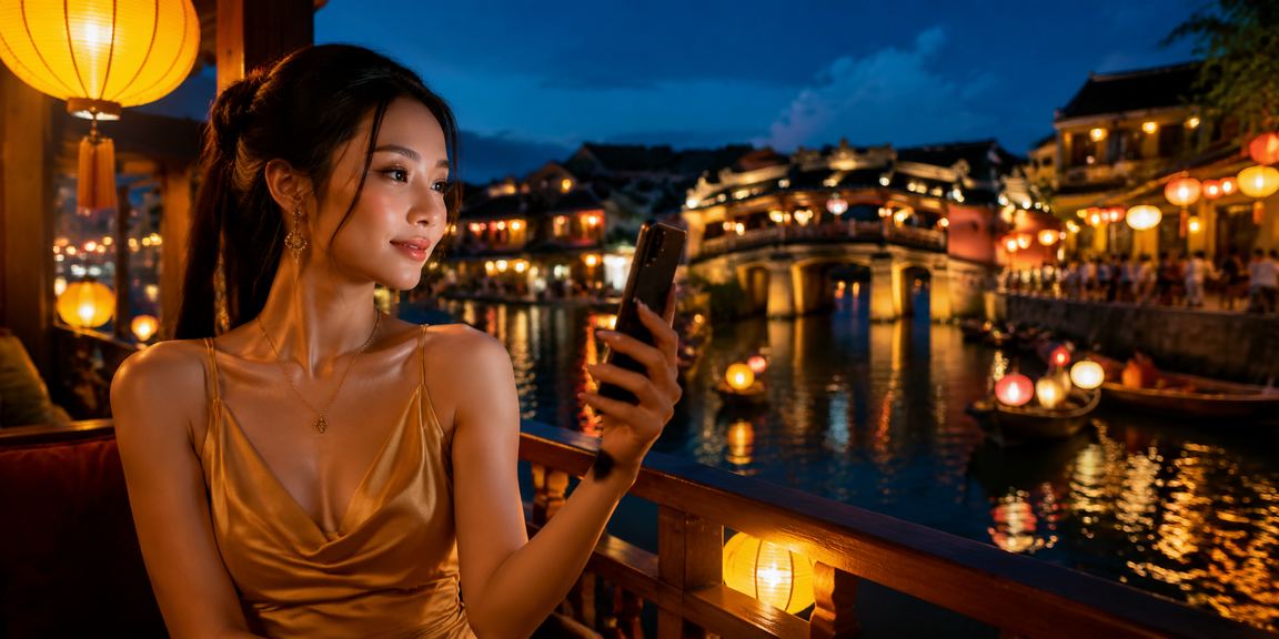 Người dùng theo dõi sự kiện thể thao và đặt cược trên điện thoại tại chợ đêm Hội An