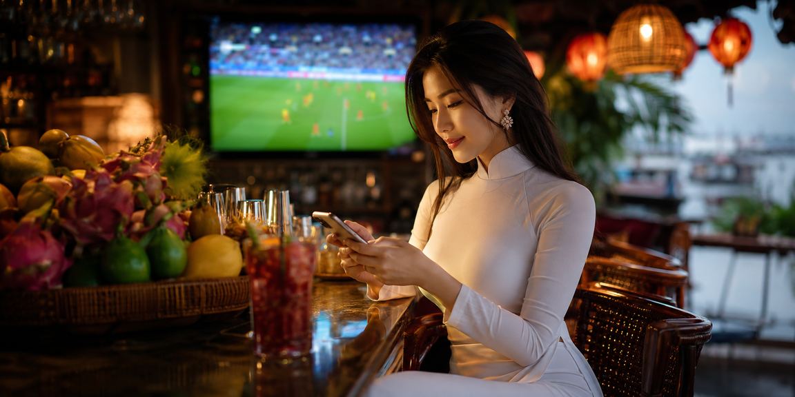 Phụ nữ áo dài tham gia giải trí trực tuyến và theo dõi sự kiện thể thao tại vùng Mekong